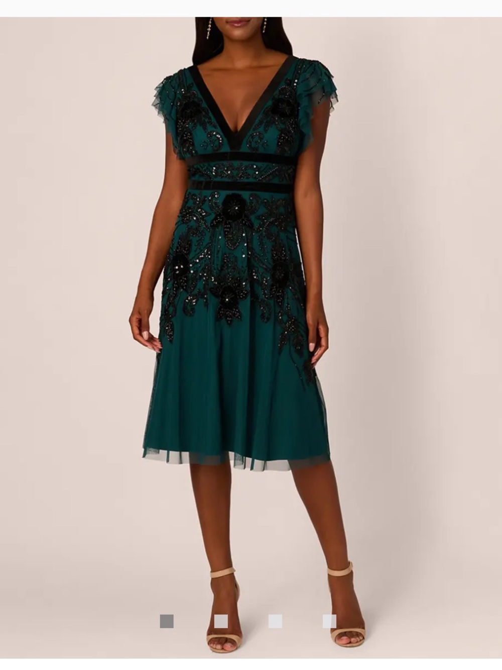 Adrianna Papell Teal Green Beaded V‑Neck Mesh Midi Dress